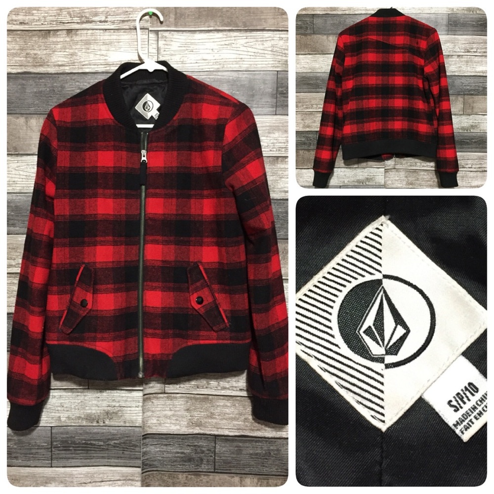 Volcom Plaid Wool Blend Bomber Jacket Women’s S Red Black Full Zip Lined